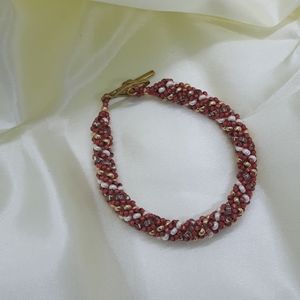 Red, gold and ivory hand beaded bracelet
